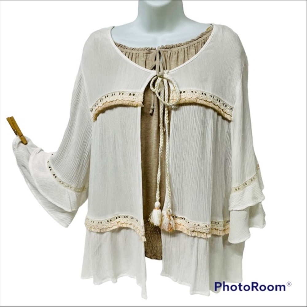 Democracy Layered Bell Sleeves Jacket Gold Threading XL Ties at Neck Tassels New